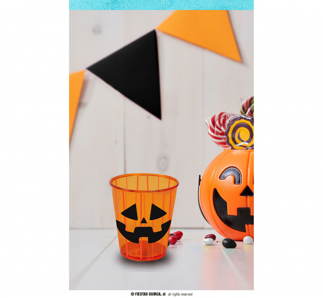 Bicchiere in plastica arancione stampa "Zucca", altezza 10 cm
