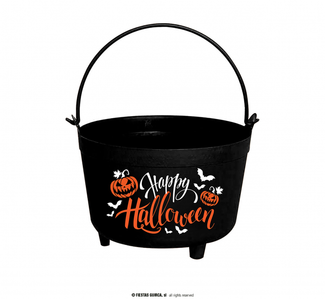 Calderone strega nero con scritta "Happy Halloween", diametro 22 cm, altezza 10 cm