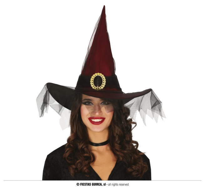 Cappello da strega bordeaux con velo nero