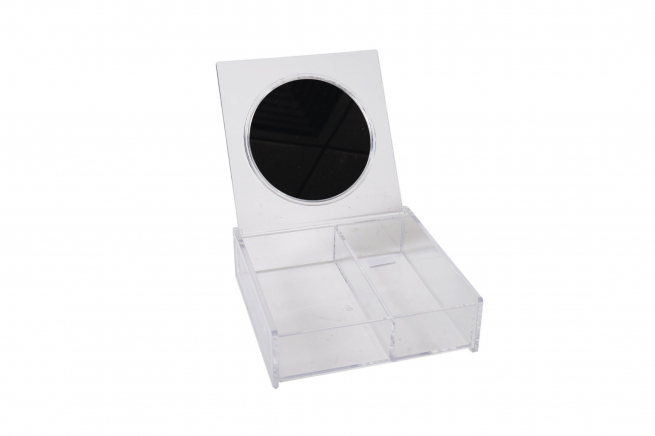 Contenitore in plastica trasparente con specchio, 14.8x14.8 cm, altezza 4.7 cm
