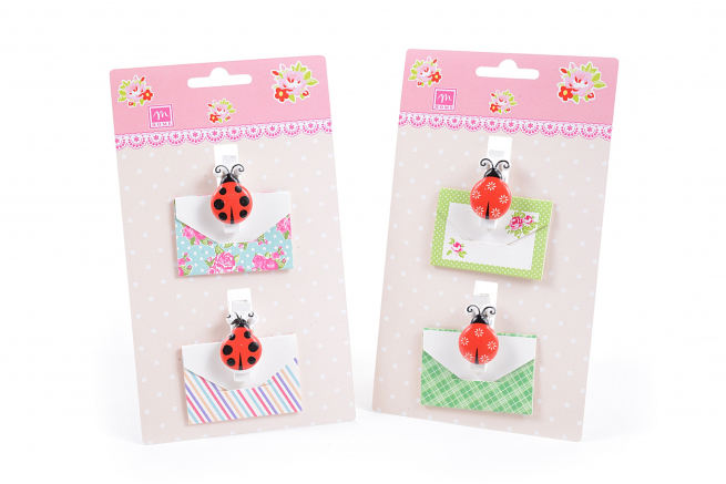 Molletta coccinella con busta, confezione da 2 pezzi, modelli assortiti