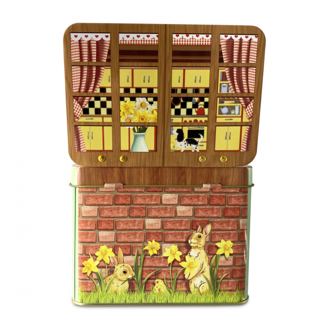 Scatola in latta "Mobile credenza Pasqua", 10x14.5 cm, altezza 10.5 cm, contiene 1200 ml