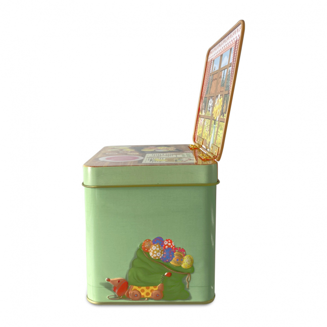 Scatola in latta "Mobile credenza Pasqua", 10x14.5 cm, altezza 10.5 cm, contiene 1200 ml