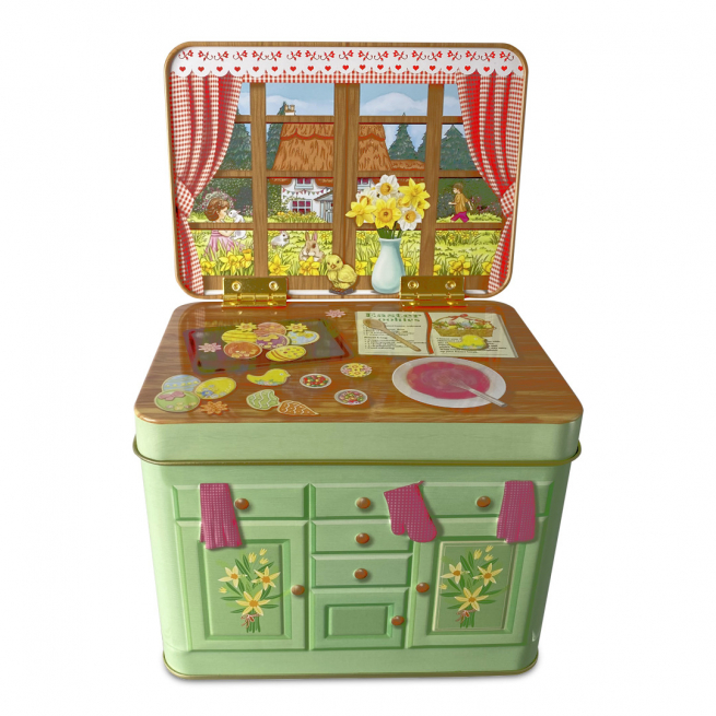 Scatola in latta "Mobile credenza Pasqua", 10x14.5 cm, altezza 10.5 cm, contiene 1200 ml