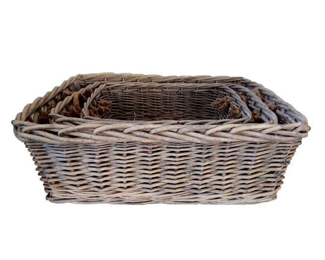 CESTO IN VIMINI RETTANGOLARE GRIGIO CON MANICI DI CORDA 75X60CM H. 25CM GRANDE