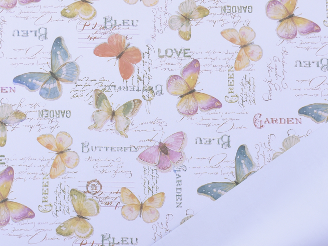 Bobina "Butterfly garden" in PPL fantasia fondo bianco, interno lavanda, altezza 1 metro, lunghezza 25 metri