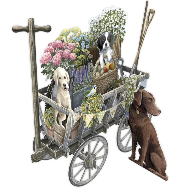 Biglietto POP-UP tridimensionale "Carretto con fiori e cani"
