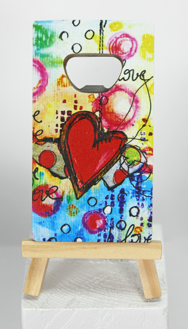 Apribottiglia in legno con cuori e calamita, 6x11 cm, in scatola regalo con finestra