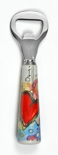 Apribottiglia manico in porcellana con cuori, altezza 13.5 cm, con scatola regalo