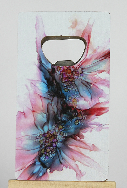 Apribottiglia in legno con fiori e calamita, 6x11 cm, in scatola regalo con finestra
