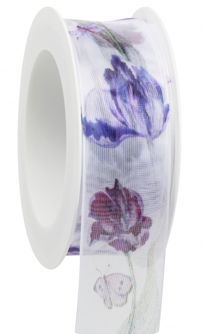 Rotolo nastro "Pappagalli Tulipani" fondo bianco, altezza 40 mm, lunghezza 18 metri