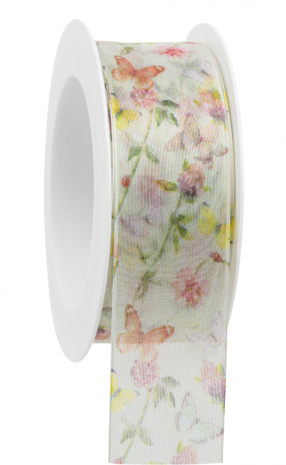 Rotolo nastro "Giardino di Farfalle" fondo bianco, altezza 40 mm, lunghezza 18 metri