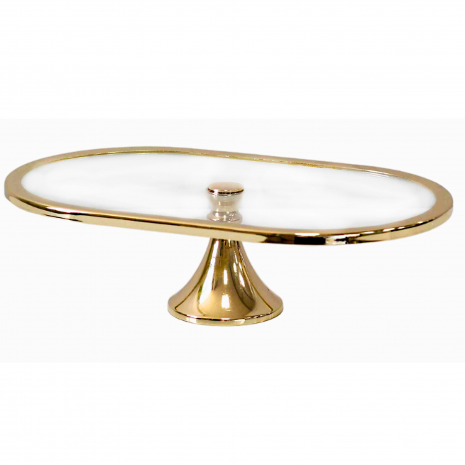 Alzata in vetro ovale con struttura in metallo oro, vari formati