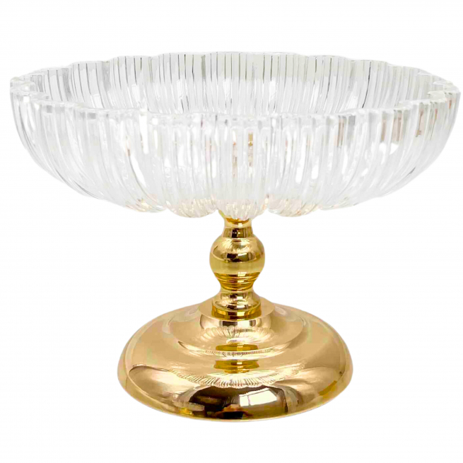 Alzata con ciotola in vetro e struttura in metallo oro, diametro 25 cm