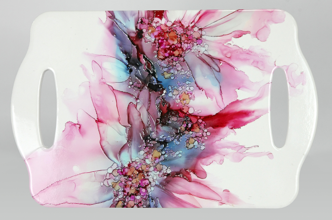 Sottopentola a forma di vassoio in ceramica con fiori, 18x28 cm, in scatola regalo con finestra