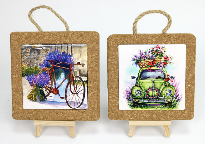 Sottopentola in ceramica e sughero con "Lavanda", 15x15 cm, soggetti assortiti in scatola regalo con finestra