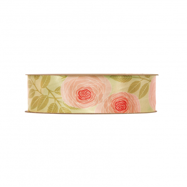 Rotolo nastro in PET riciclato "Rose romantiche" fondo ecrù, altezza 25 mm, lunghezza 15 metri