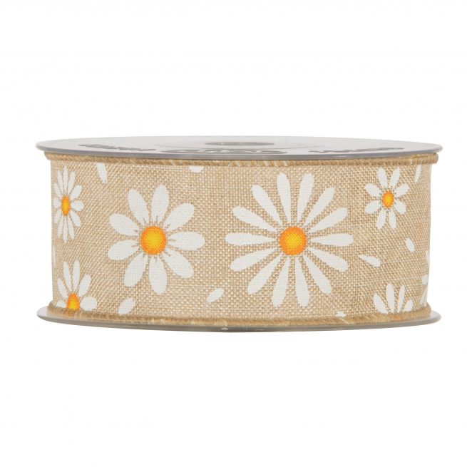 Rotolo nastro in tessuto "Margherite" fondo beige, altezza 40 mm, lunghezza 10 metri