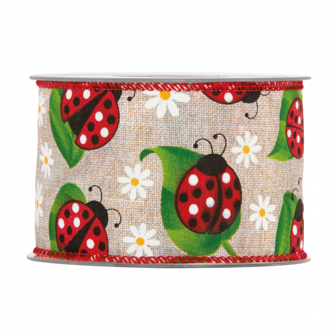 Rotolo nastro in tessuto "Coccinelle" fondo beige, altezza 63 mm, lunghezza 10 metri