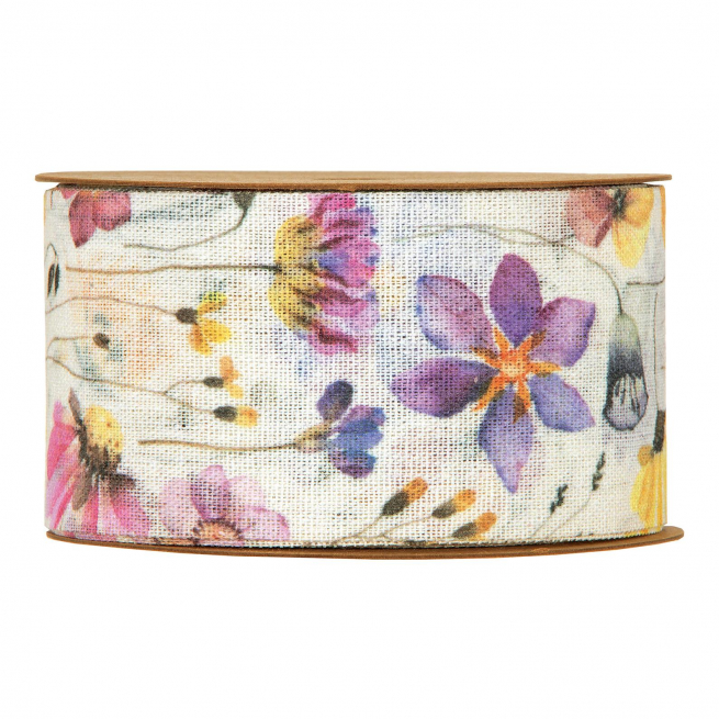 Rotolo nastro in tessuto "Fiori in viola" fondo bianco, altezza 63 mm, lunghezza 10 metri