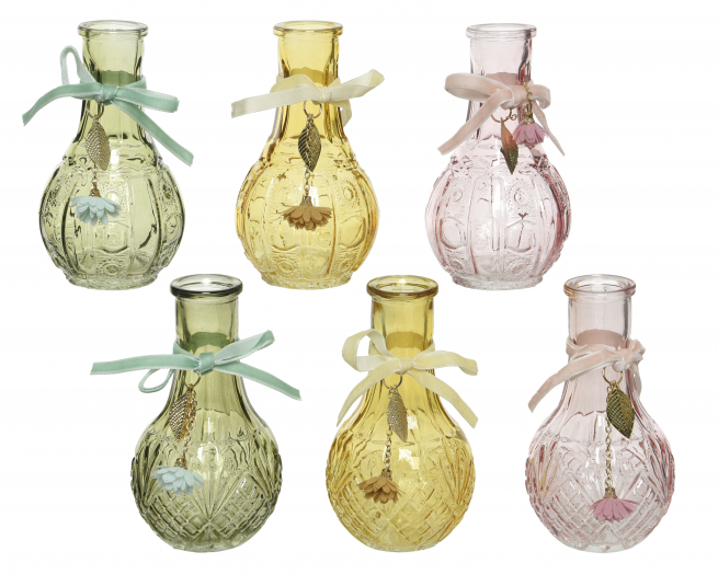 Vaso in vetro decorato diametro 6.5 cm, altezza 11.5 cm, modelli assortiti