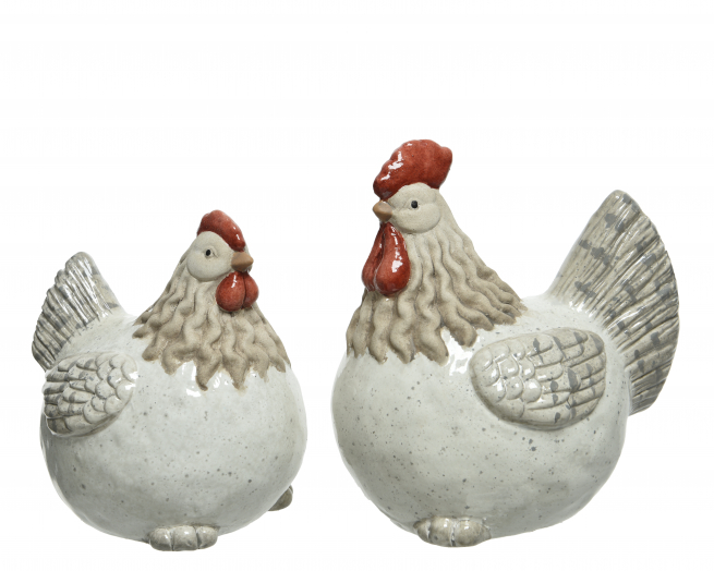 Gallo/gallina in terracotta, 8.5x13 cm, altezza 13.5 cm, soggetti assortiti