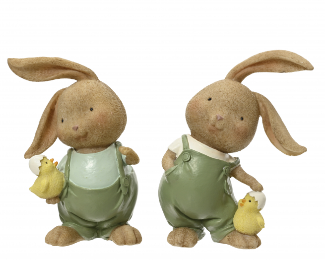 Coniglietto in poliresina con pulcino, altezza 12 cm, soggetti assortiti