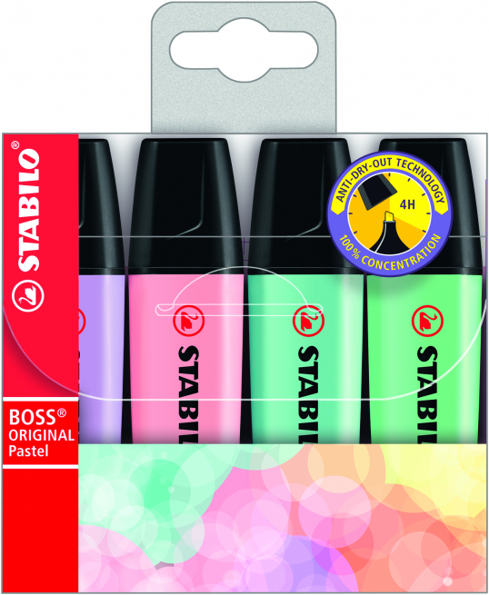 Evidenziatore "Stabilo Boss Original Pastel" punta a scalpello, 5 mm, colori assortiti, confezione da 4 pezzi