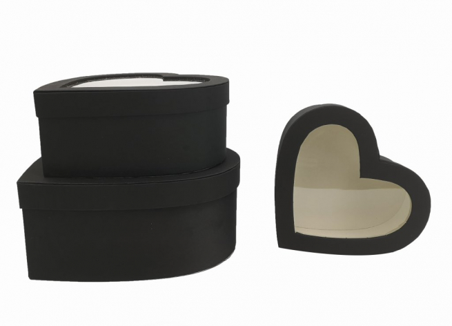 Scatola cuore in raso nero con coperchio trasparente, varie misure