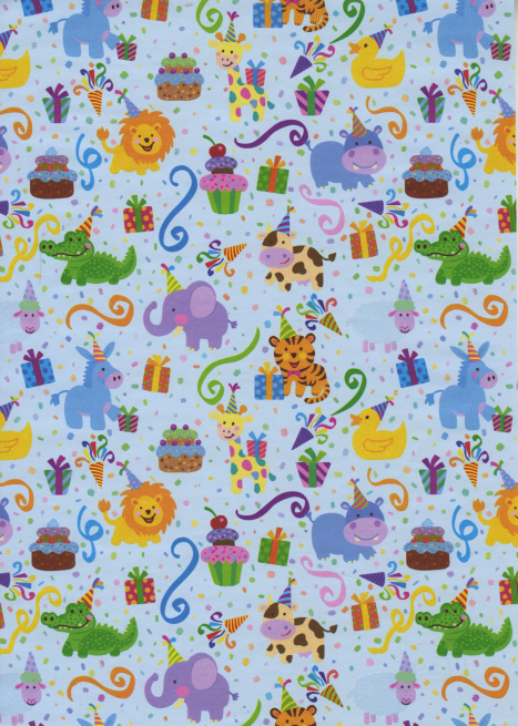 Carta da regalo "Raso" fantasia bambino con animali, fondo azzurro, formato 70x100 cm, confezione da 25 fogli