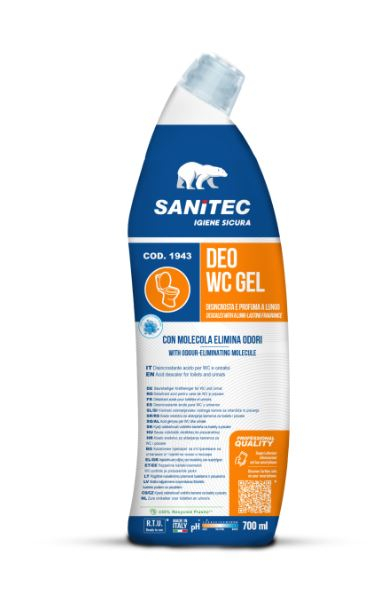 Detergente disincrostante "Deo WC Gel" con molecola elimina odori, flacone da 700 ml, cartone da 8 pezzi