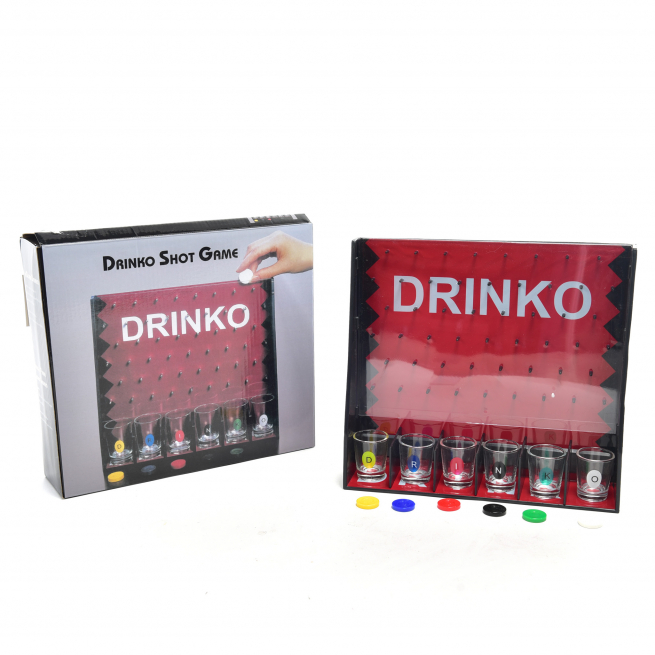Gioco "Drinko" con 6 bicchieri, formato 7x28 cm, altezza 25 cm, in scatola regalo