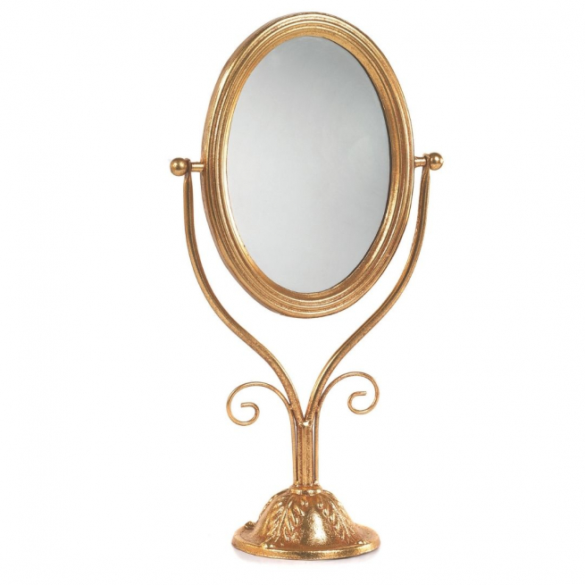 Specchio ovale da tavolo con struttura in metallo oro, 12x22 cm, altezza 44 cm