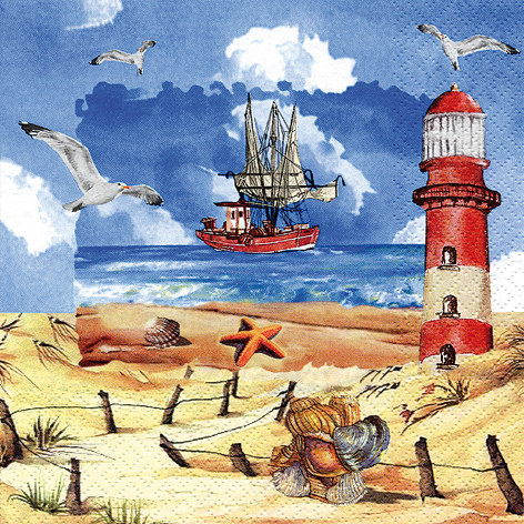 Tovagliolo in carta 3 veli stampa "Spiaggia marina", 33x33 cm, confezione da 20 pezzi
