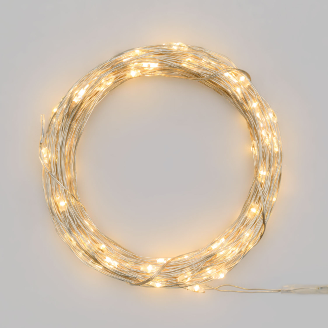 Filo lineare 100 microled a batteria, luce calda, filo in metallo argento, uso interno ed esterno, lunghezza 10 metri