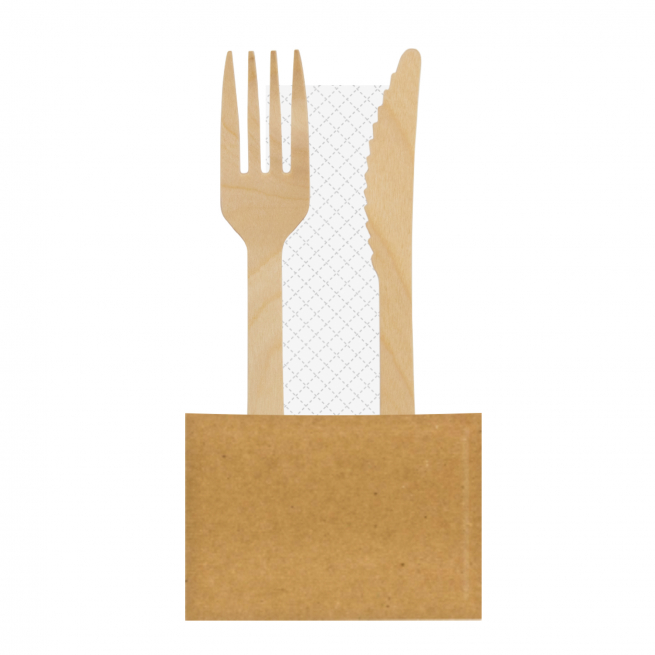Bis posate in legno biodegradabile con tovagliolo 30x30 cm 2 veli monoimbustato, confezioni da 100 pezzi