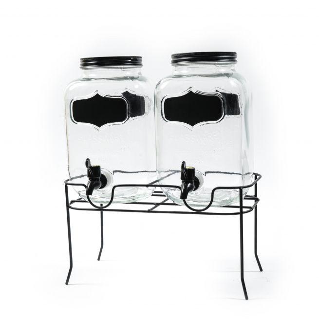 Dispenser in vetro 2 pezzi da 4 litri con supporto in metallo, formato 23x33 cm, altezza 40 cm, in scatola regalo