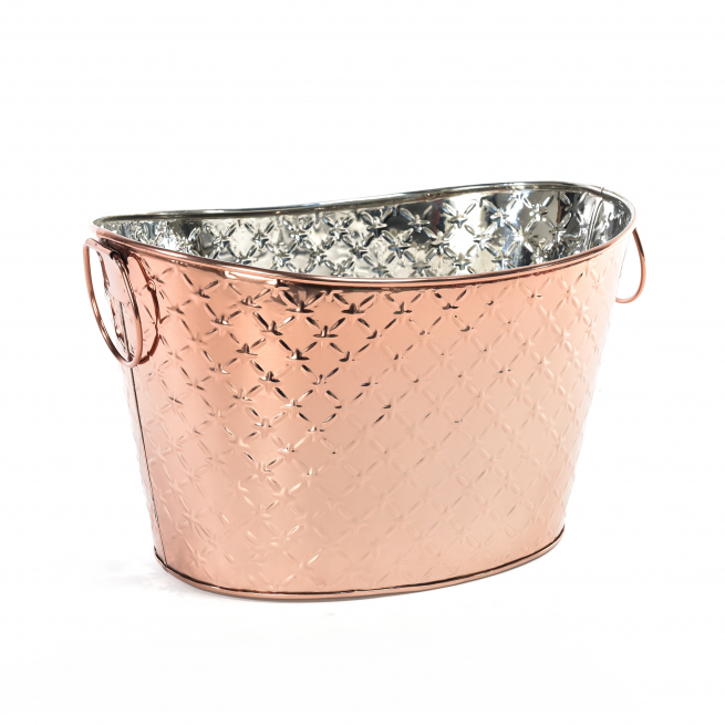 Secchiello portabottiglie ovale in acciaio ramato, formato 26x39 cm, altezza 23 cm