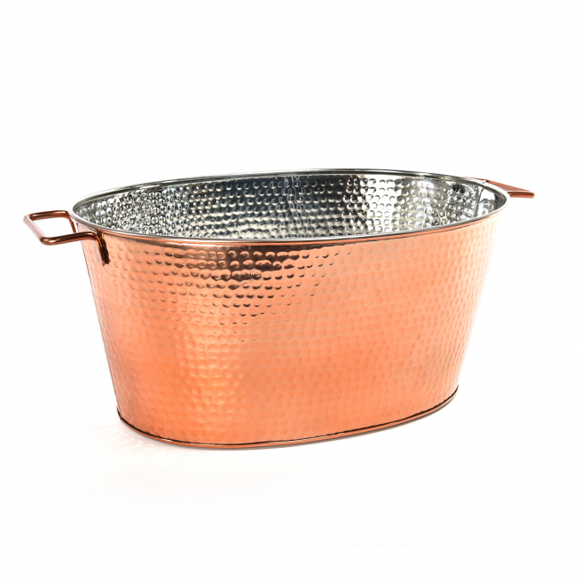 Secchiello portabottiglie ovale in acciaio martellato ramato, formato 35x58 cm, altezza 23 cm