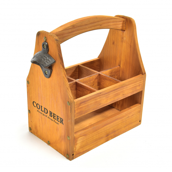 Portabottiglie cestello in legno 6 posti con apribottiglia, formato 16x26.5 cm, altezza 29 cm