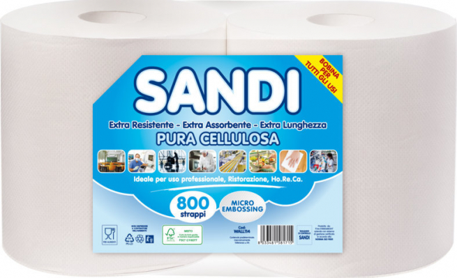 Rotolo asciugatuto 2 veli "Sandi", 800 strappi in pura cellulosa microgoffrata, confezione da 2 pezzi