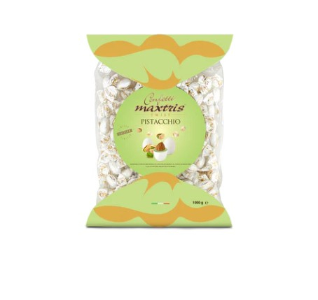 Confetti bianchi "Maxtris" twist pistacchio incartati singolarmente, busta da 1 kg