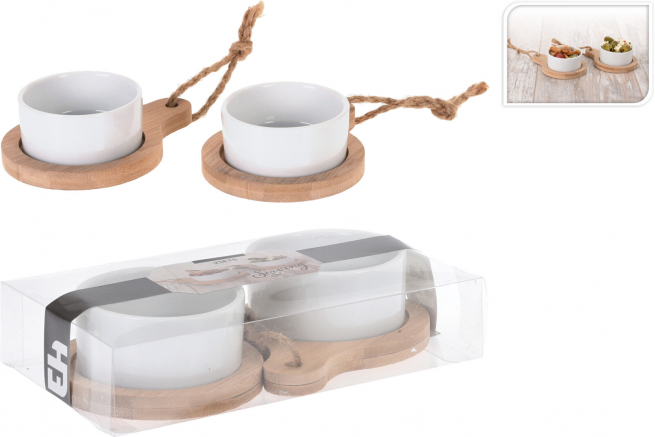 Set da due ciotole in porcellana bianca con supporto in bamboo