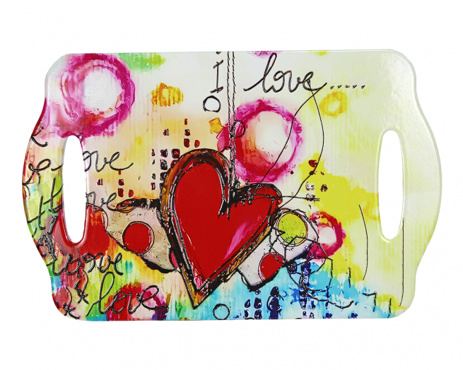 Sottopentola a forma di vassoio in ceramica con cuori, 18x28 cm, in scatola regalo con finestra