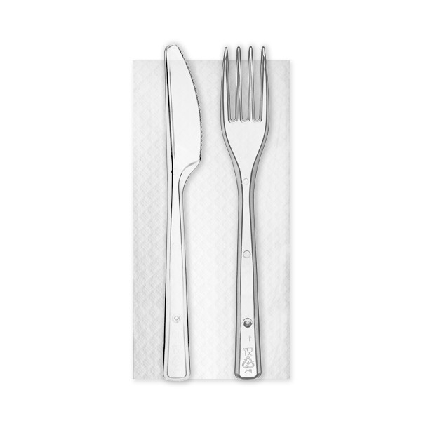 Bis posate in plastica trasparente con tovagliolo 33x33 cm monoimbustato, confezioni da 100 pezzi