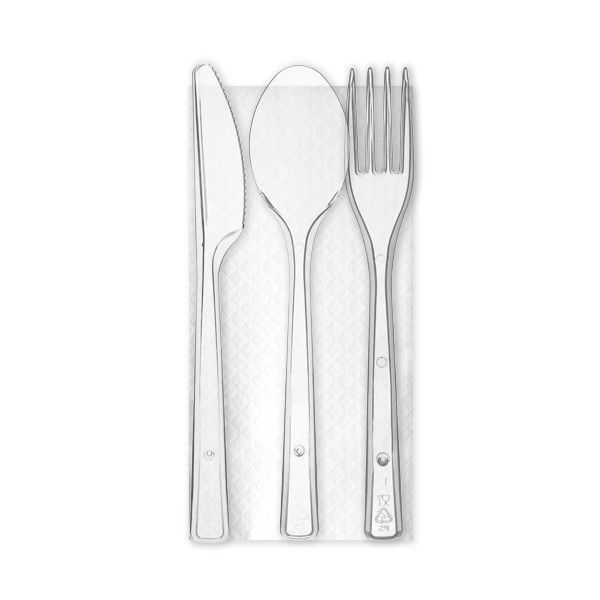 Tris posate in plastica trasparente con tovagliolo 33x33 cm monoimbustato, confezioni da 100 pezzi