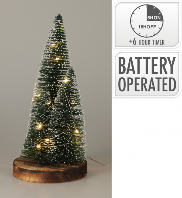 Tris di alberi a led con base in legno, altezza massima 30 cm