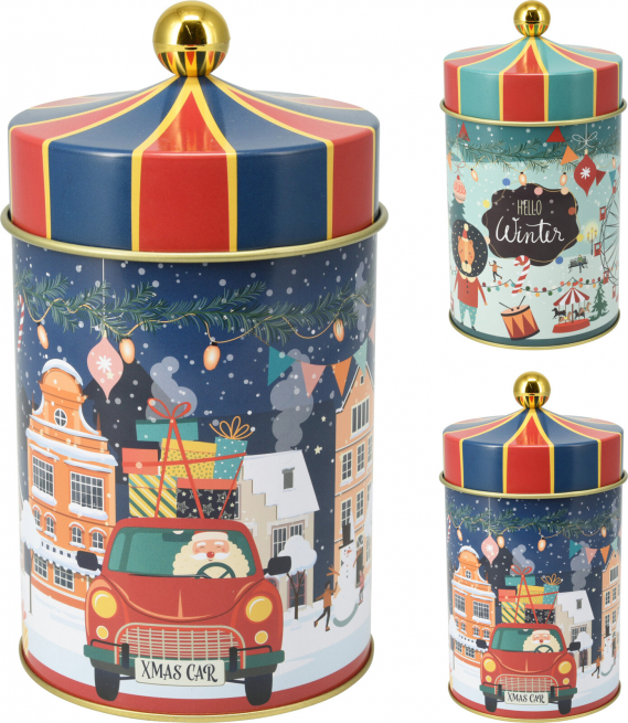 Barattolo in latta altezza 18 cm, soggetti natalizi assortiti