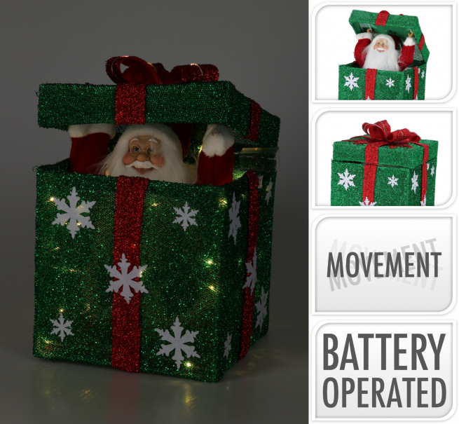 Pacco verde Babbo Natale con luci suoni e movimento, altezza 50 cm