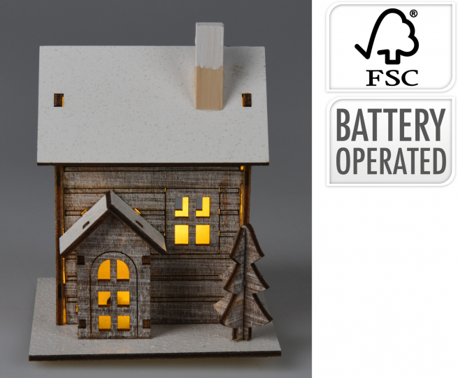 Casa in legno con led, lunghezza 9 cm, altezza 11 cm